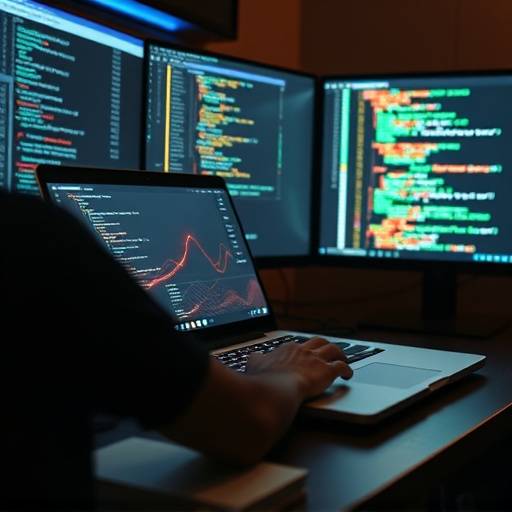 Web developer coding on a laptop with multiple screens